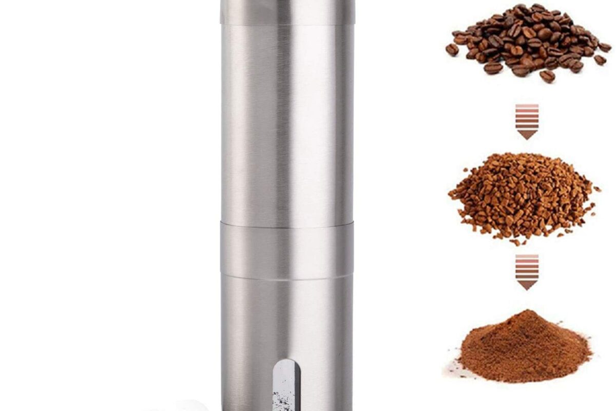 image of a stainless steel manual coffee grinder.