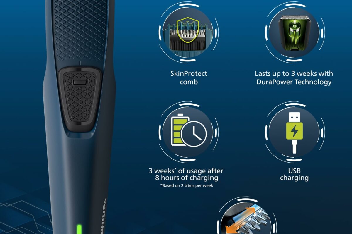 image of Philips Battery Powered SkinProtect Beard Trimmer for Men - Lasts 4x Longer, DuraPower Technology, Cordless Rechargeable with USB Charging, Charging Indicator, Travel Lock, No Oil Needed BT1232/18