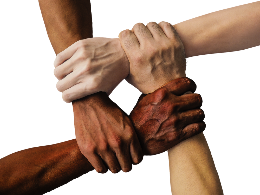 image of different hand anchored together to show that being part of the community can help healing loneliness and restore hope.