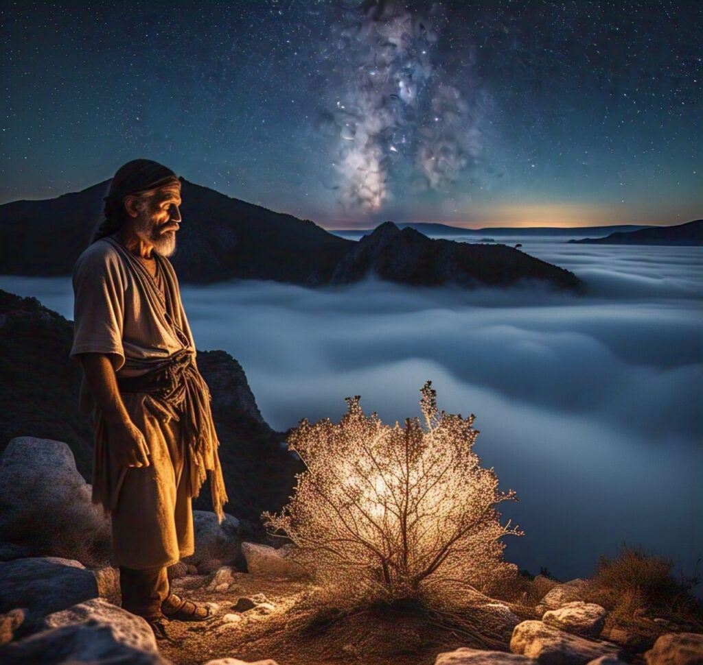Moses standing before a burning bush, his face reflecting awe and uncertainty of faith in God. Image generated by meta.ai