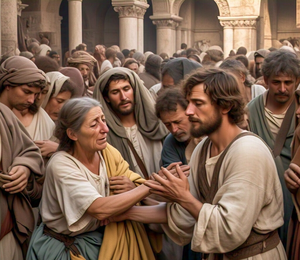 The woman touching Jesus’ robe in a crowded street, faith in her eyes. Image generated by meta.ai