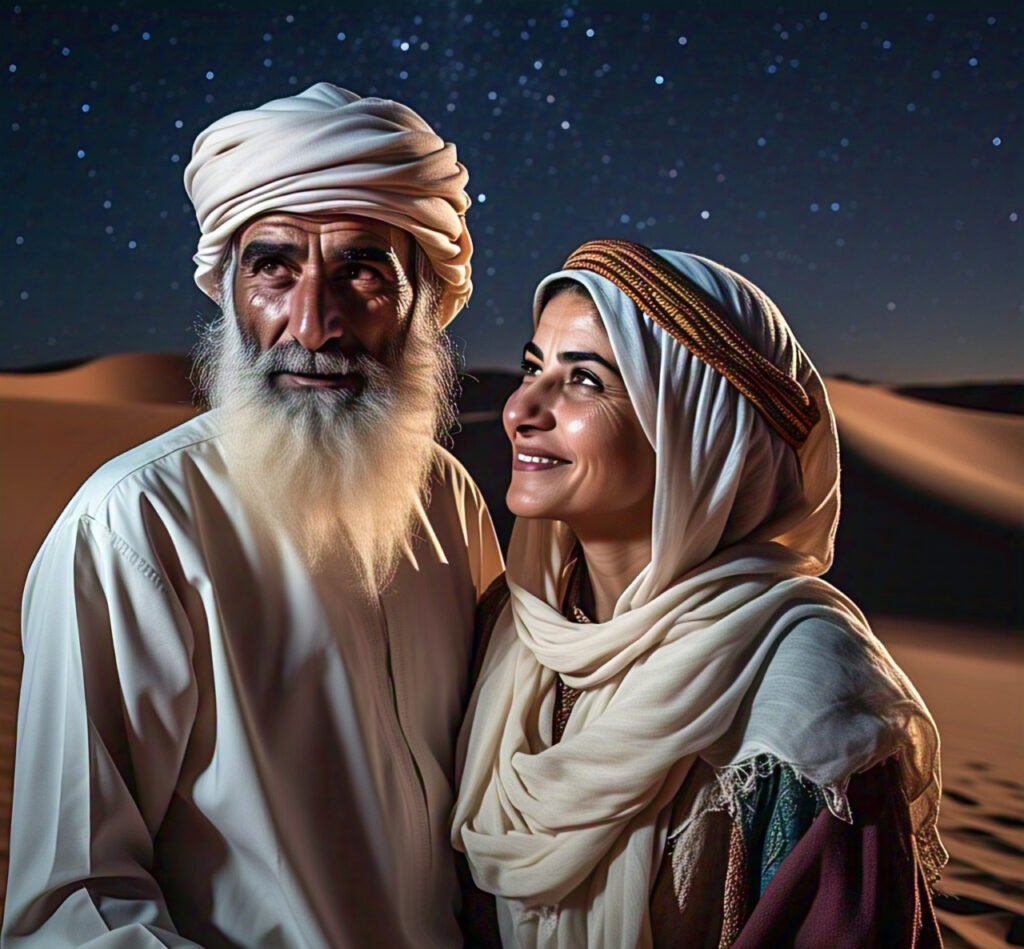 Father of faith - Abraham looking up at the stars with Sarah beside him in a desert night. Image generated by meta.ai