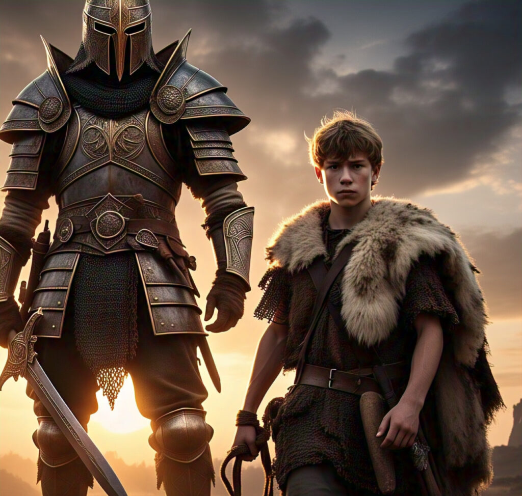 Young David facing a giant Goliath in a dramatic valley scene reflecting his great faith in God. Image generated by meta.ai