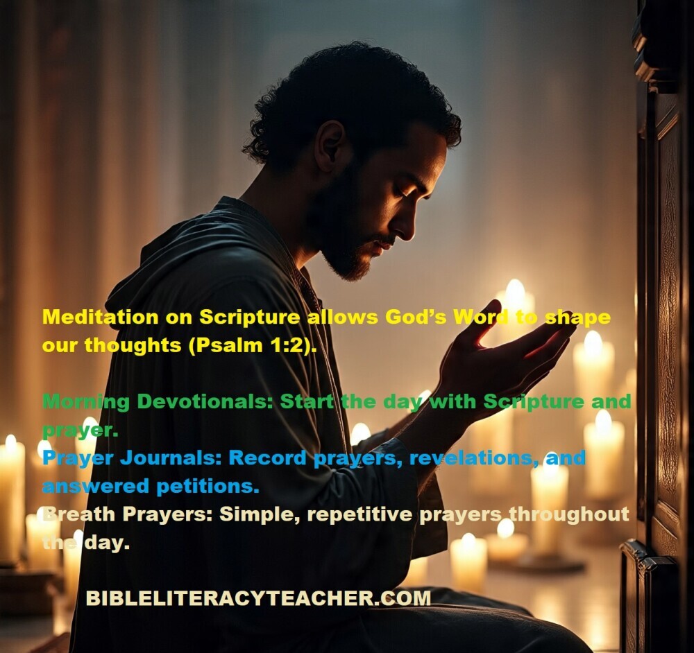 An individual praying peacefully in a cozy space with candles, illustrating the practice of prayer and meditation for spiritual strength.