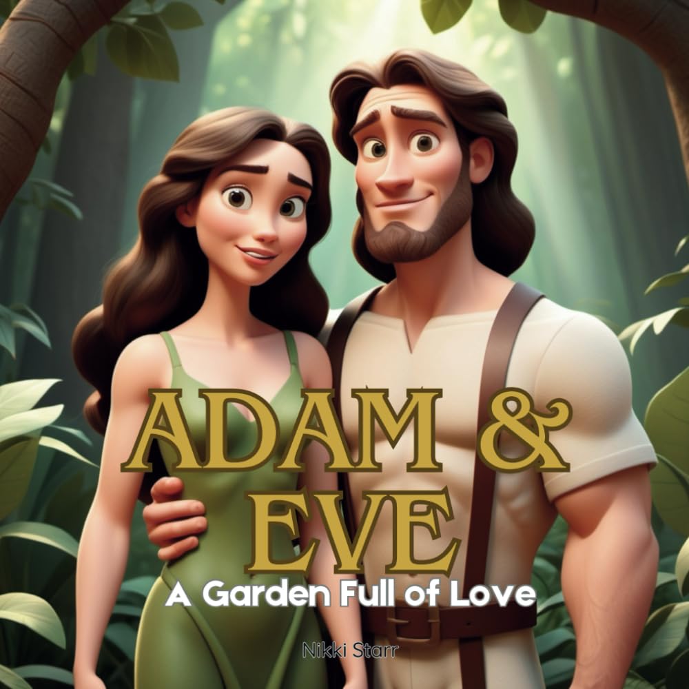 Cartoon image of Adam and Eve Standing embracing each other in the garden of Eden.
