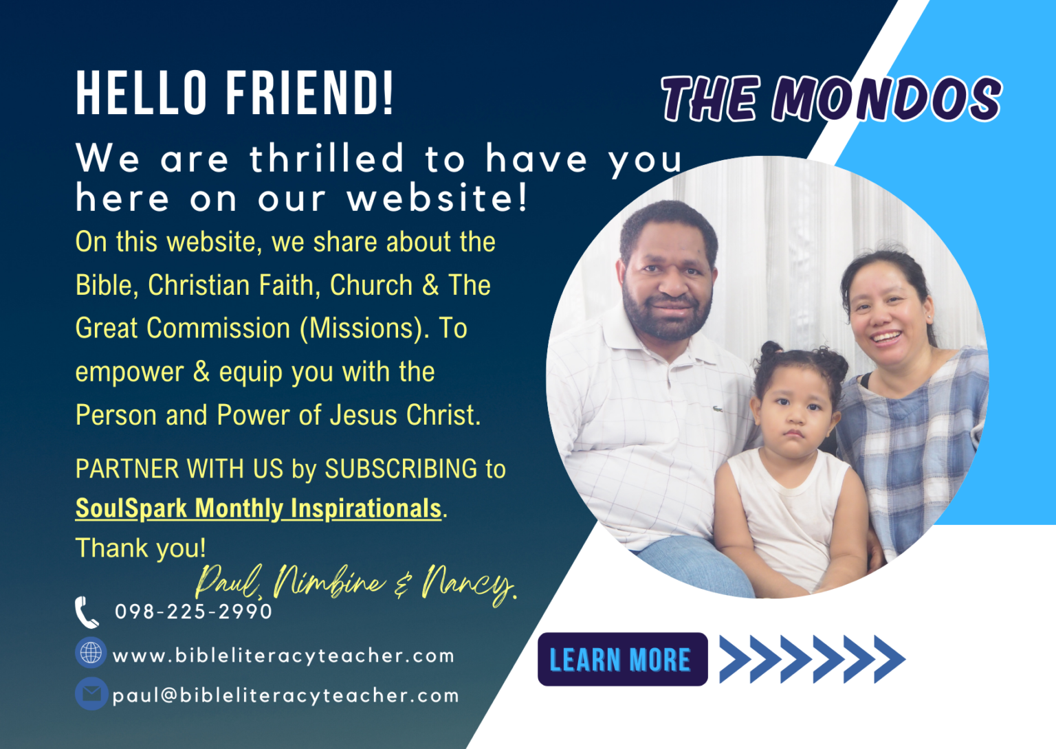 Paul Mondo, Nancy and Nimbine Lemchong Mondo. A missionary family from India and Papua New Guinea.