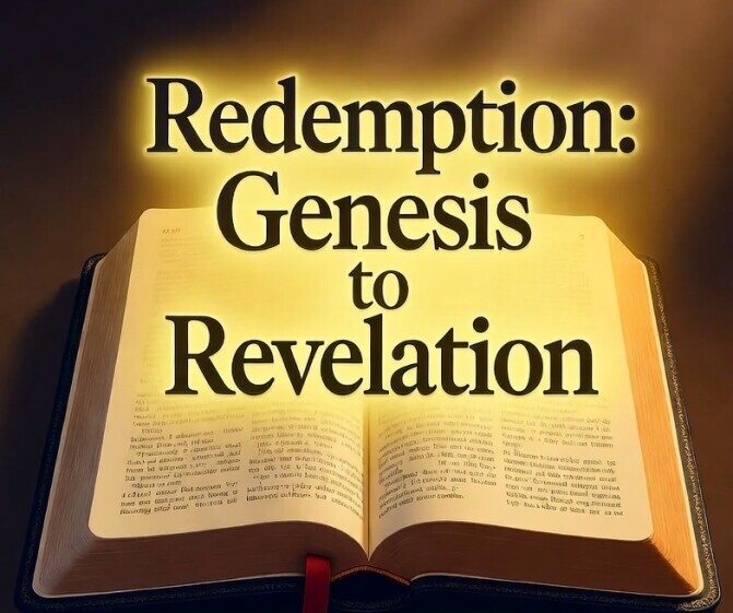illustration of an open bible with the words: redemption genesis revelation highlighted.